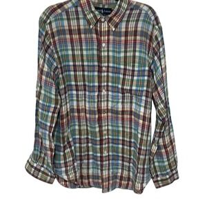 Y2K Ralph Lauren Mens 100% Linen Multicolor Plaid Button Down Shirt Size Large